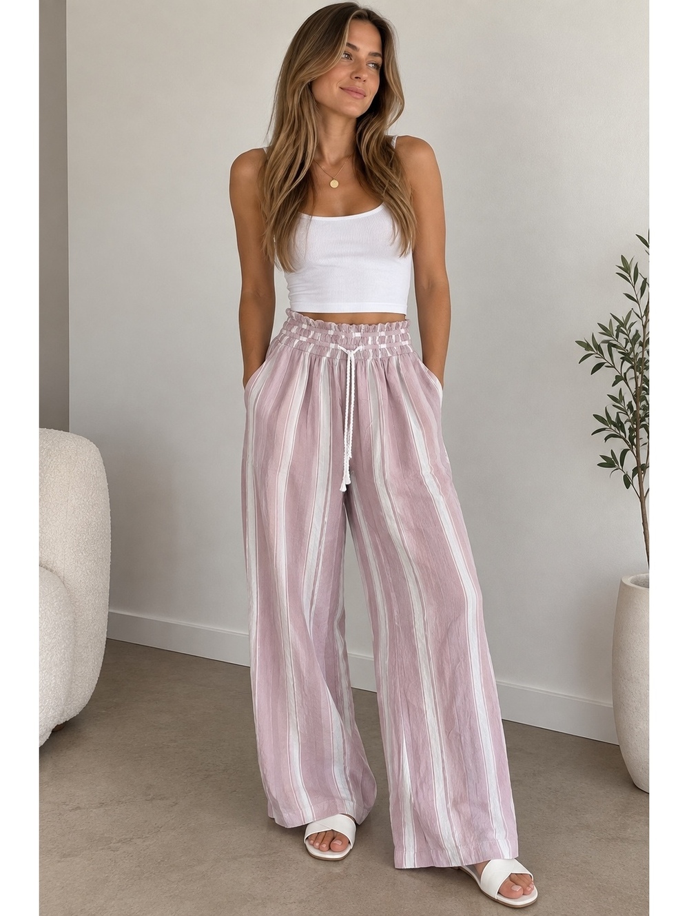 Free People Intimately Women’s Wide Leg Palazzo Pants Pink White Stripe Size S